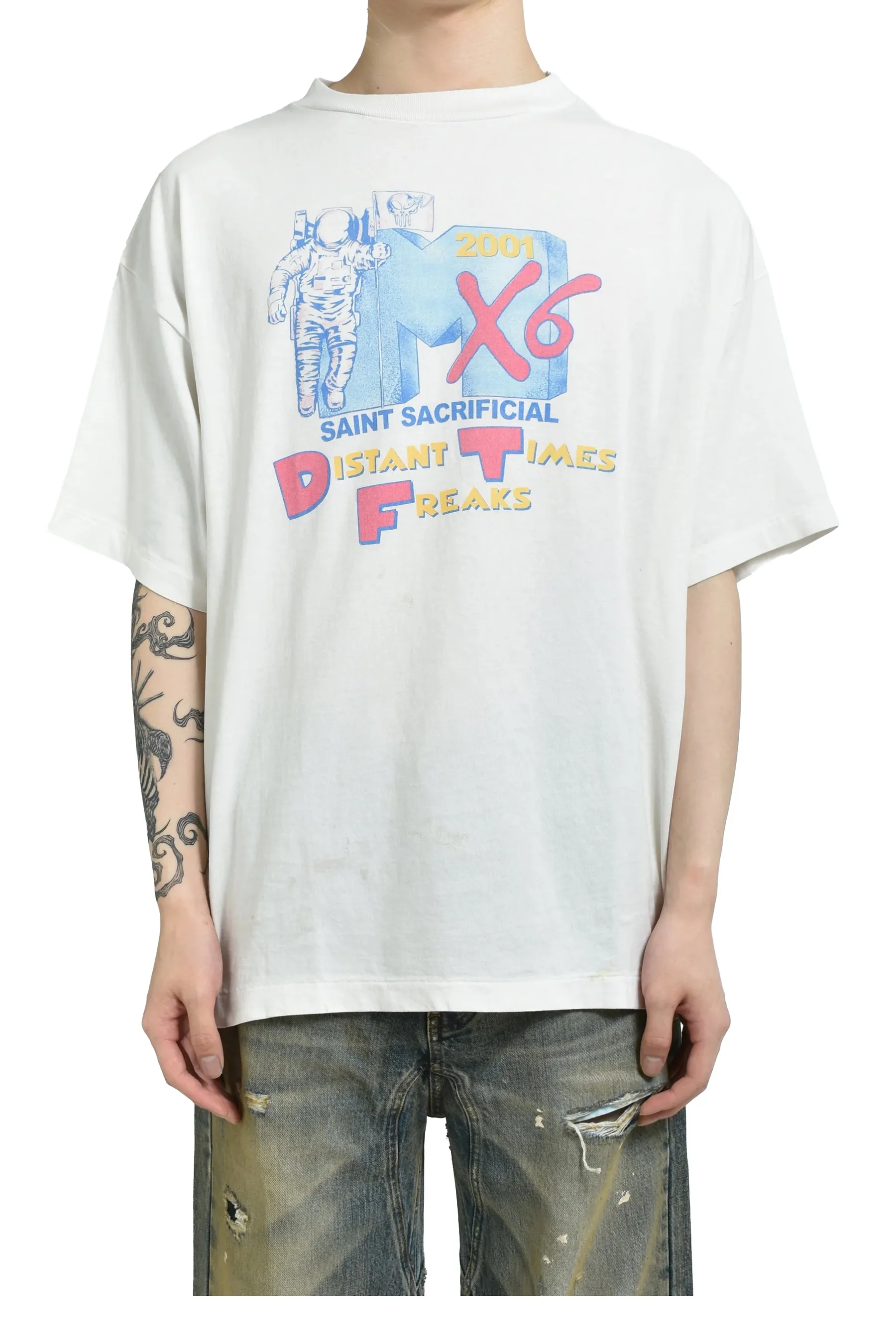 SAINT Mxxxxxx × Sean Wotherspoon SW_SS TEE/ASTRO/WHT SW joint retro enzyme-washed old tee Astronaut distressed short-sleeved off-white S-XL Correct version Customized SW joint wash water label Original development Production without looking at pictures Printing pixel level restoration Handmade acrylic ready-made clothing graffiti ink